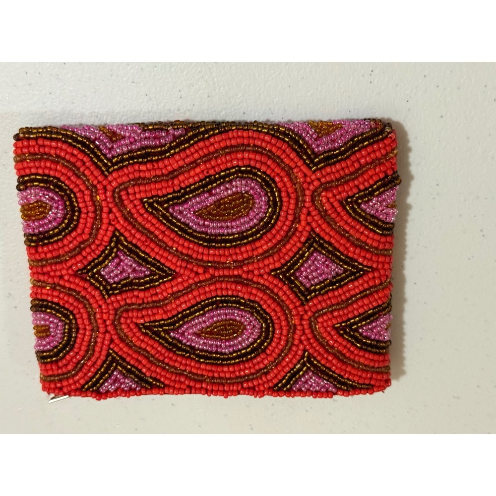 Red Pink Beaded Paisley Coin Purse Zippered Small Pouch Wallet